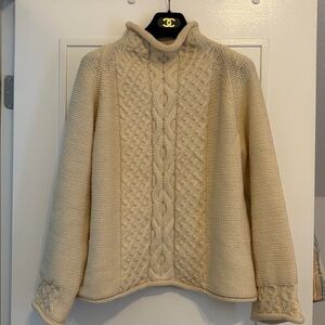 Aran Island Knitwear Classic Ivory Cable Knit Mock Pure New Wool Sweater - Large